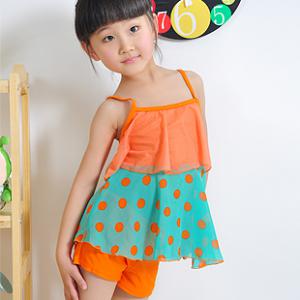 橙・水玉・ドット・かわいい・ワンピース水着・児童水着