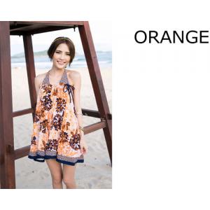 オレンジ レトロ花柄 ビキニ ワンピース スカート3点セット水着