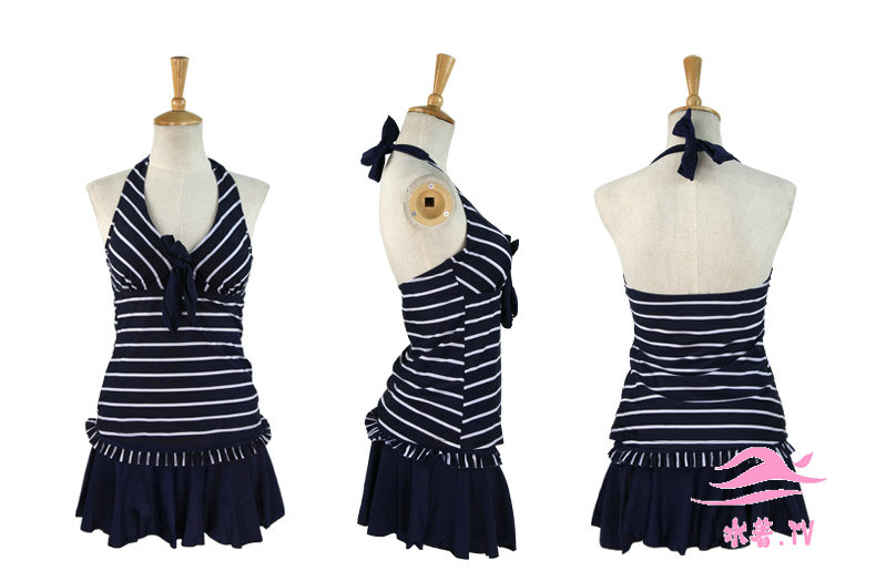 水着2014新品の海軍風の縞模様の首に付け高腰裙式の分離水着2件